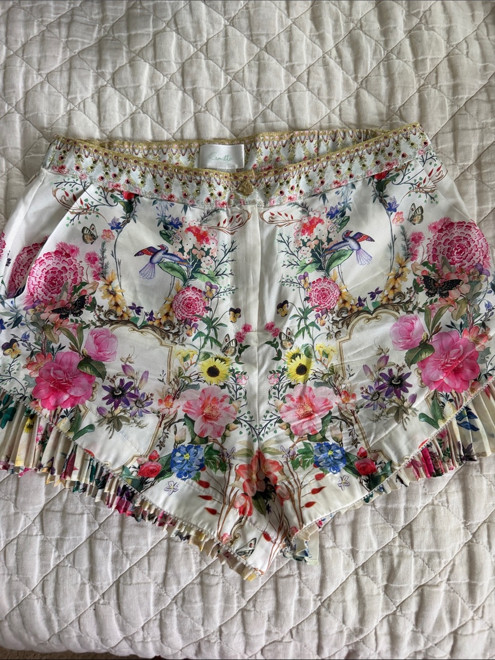 Camilla White High-Waist Floral Fringe Shorts with Pink Accents - Picture 1 of 4